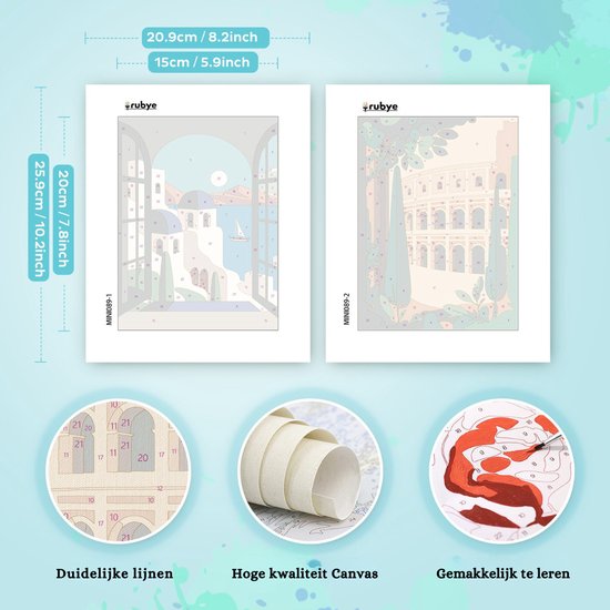 Rubye® Painting By Number Adults - Italy - Including Painting and Brushes - Canvas Painting Canvas Without Frame - Colour by Number - Double Set - 15x20cm