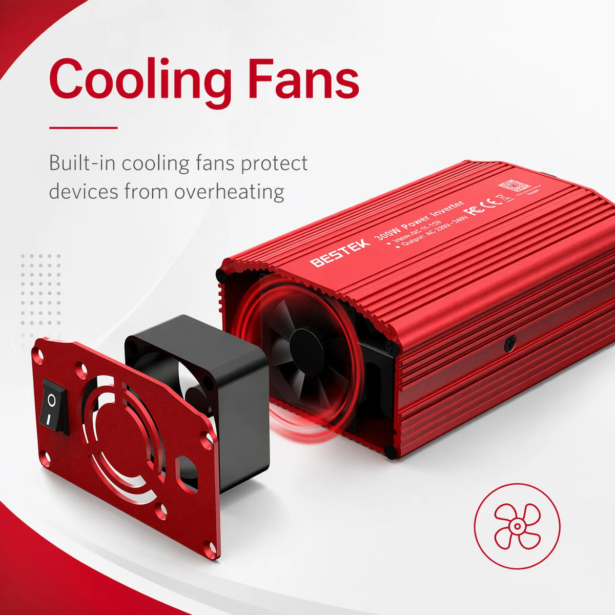Convertisseur BESTEK 300 W 12 V vers 230 V – 2 ports USB et prise de courant – Pour voiture, camping-car et en déplacement – Rouge