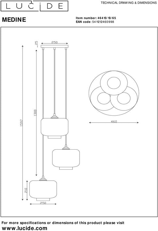Lucide MEDINE - Suspension - Ø 46 cm - 3xE27 - Fumé