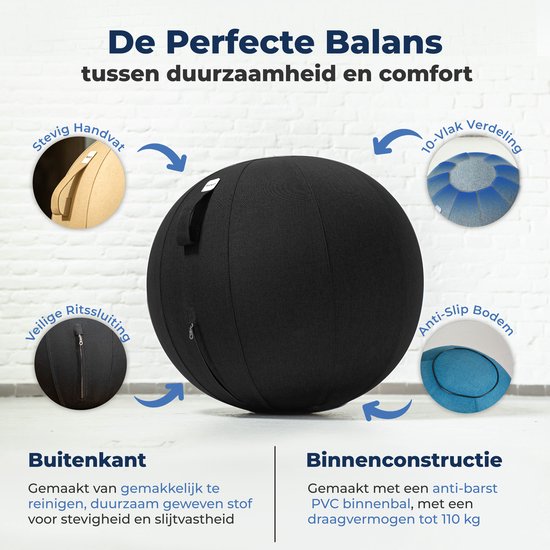 Ballon d'assise Backerz pour le bureau et la maison 75 cm - Ballon de yoga haut de gamme - Ballons d'assise avec housse - Ballon de bureau ergonomique - Lin noir
