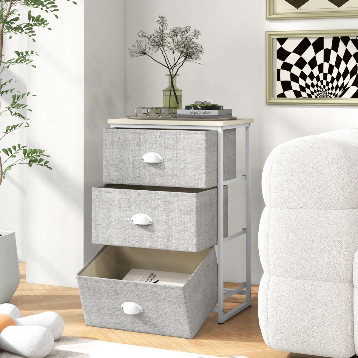 Commode Coast à 3 tiroirs - Meuble de rangement avec tiroirs rabattables - Structure métallique - Blanc et gris clair