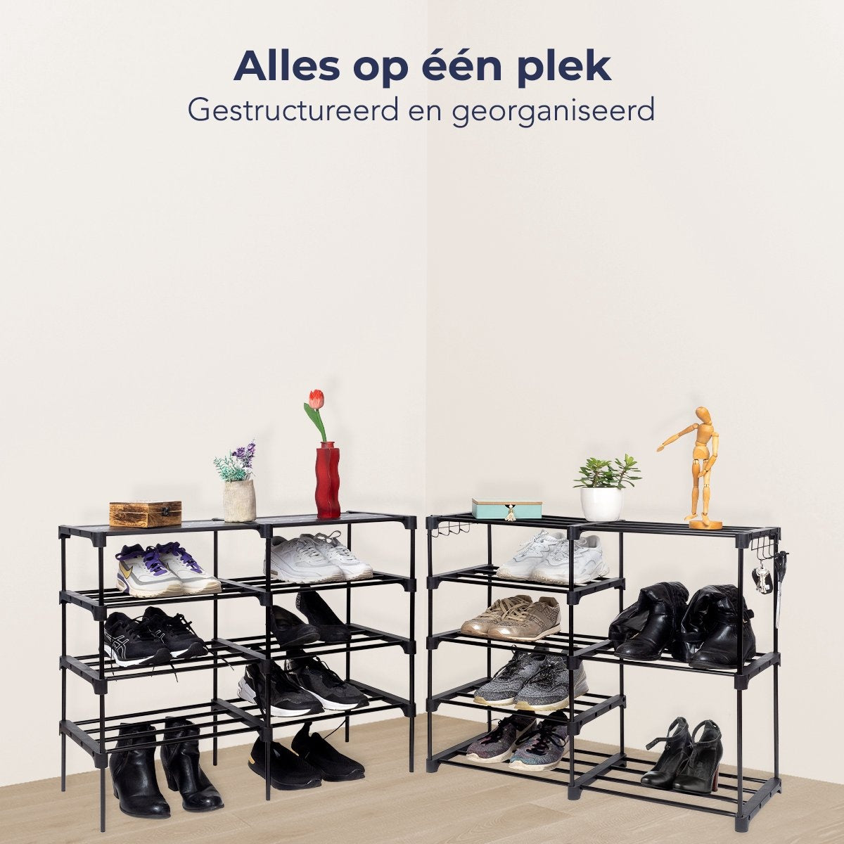 LifeGoods Rangement pour chaussures - avec crochet - multifonctionnel - 9 couches - 32 paires de chaussures - métal - noir