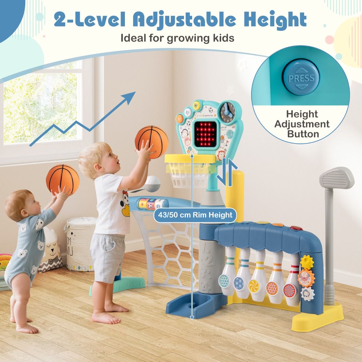 Jouet sportif 5-en-1 Coast pour tout-petits - panier de basket, cage de foot, golf, bowling, baseball - multicolore