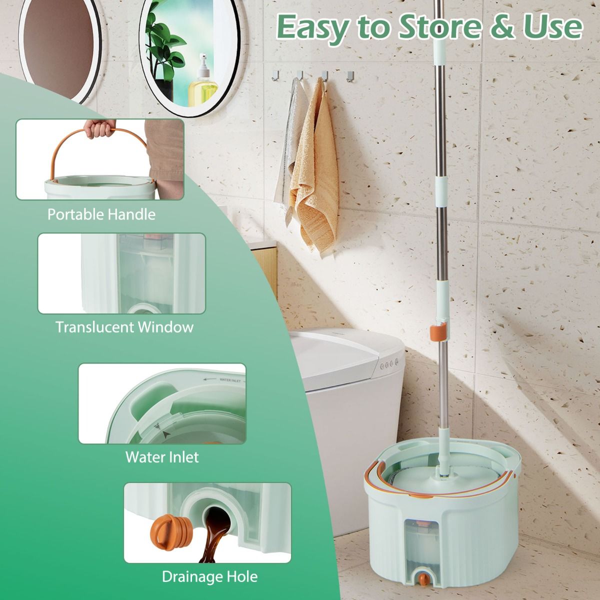 Kit de nettoyage et de seau Coast - Tête de balai à franges pivotante à 360° - Séparation de l'eau propre et de l'eau sale - Vert clair