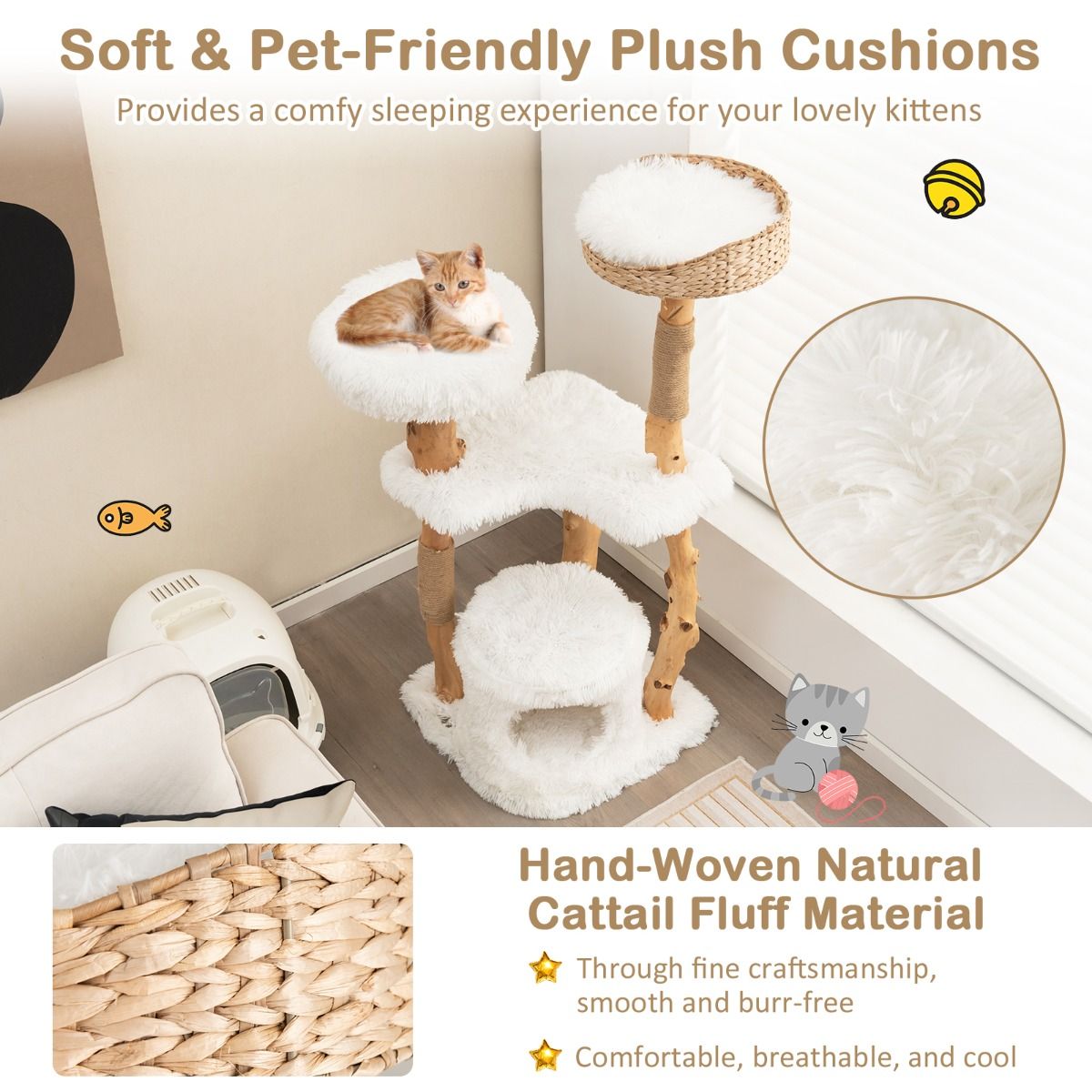 Arbre à chat Coast - Bois massif et jute - 5 niveaux - Naturel et blanc - 124 cm