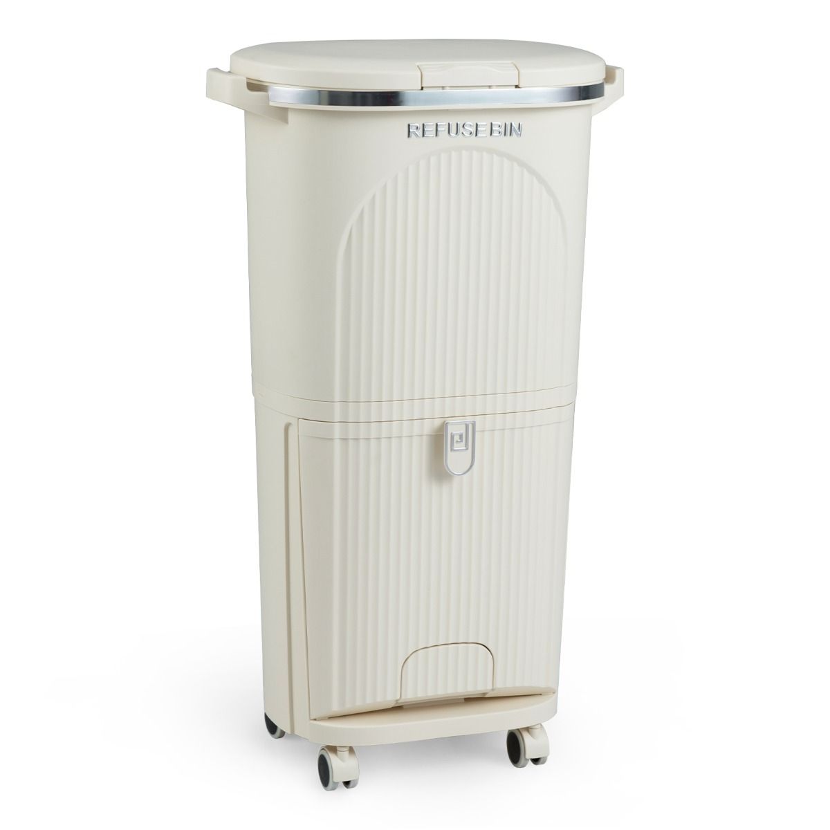 Poubelle de tri sélectif Coast sur roulettes - 3 compartiments - Pédale et bouton-poussoir - Beige - 38 litres