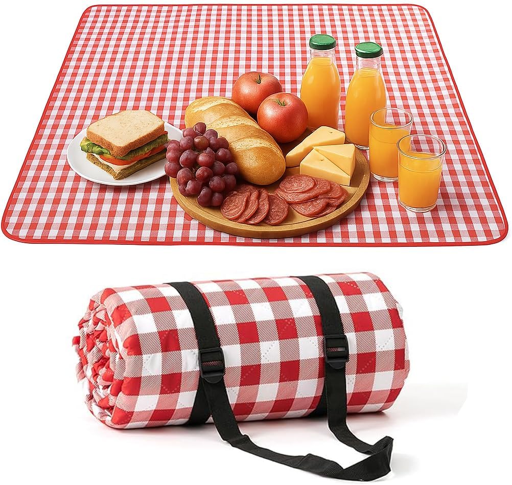 Couverture de pique-nique XXL avec dessous imperméable - 200 x 200 cm - Avec poignée de transport - Rouge et blanc
