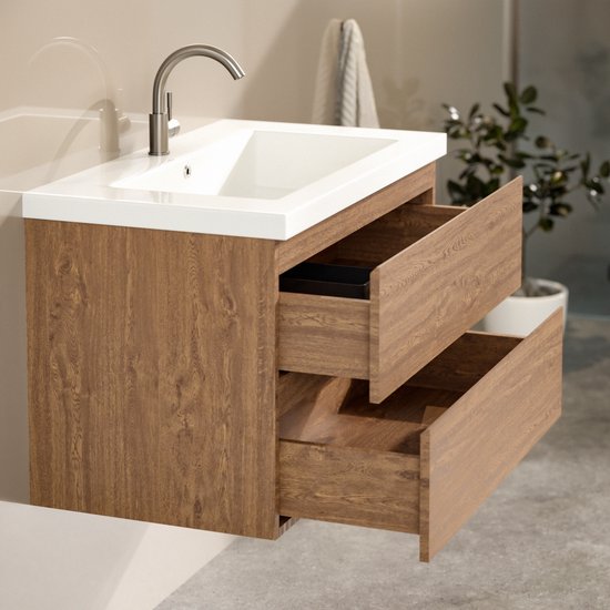 Mirlux Meuble de salle de bains Chêne chaud 80 cm - Lavabo Blanc - Ensemble de meubles de salle de bains - Meuble lavabo Chêne chaud