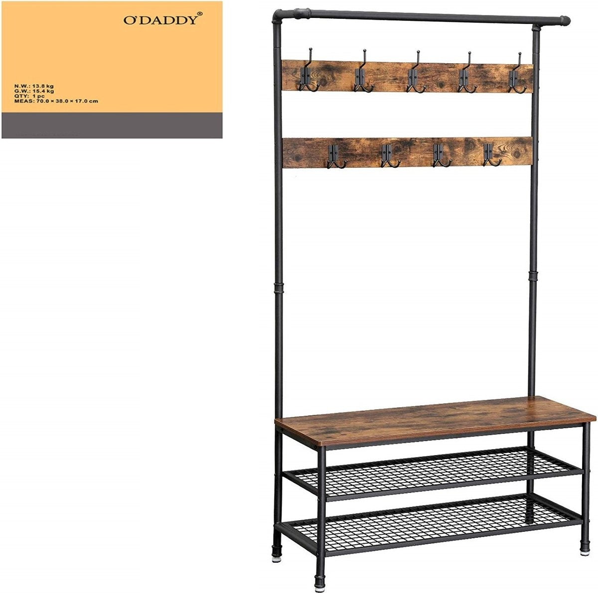 O'DADDY® kapstok staand - kapstok met schoenenrek - 23 haken 2 laags schoenenrek 10 paar - garderoberek - 100 x 41,5 x 182 cm - bruin
