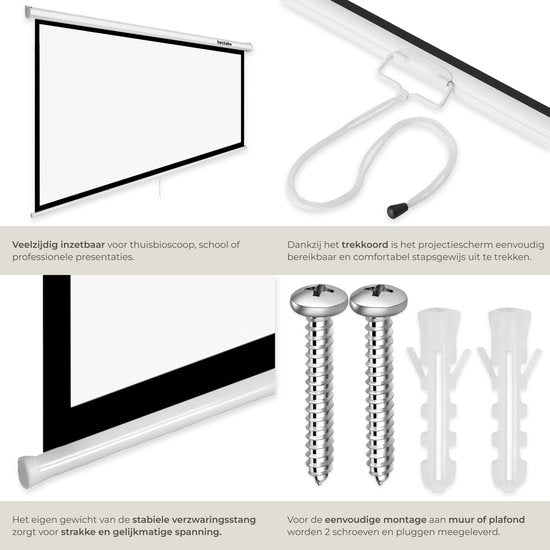 Écran de projection tectake® - 72 pouces (183 cm) - Écran de projection 16:9 - Fixation murale ou au plafond - 4K HD - Enroulable - Déployable - Toile de projection - Écran de présentation - Home cinéma - Matériel de fixation inclus