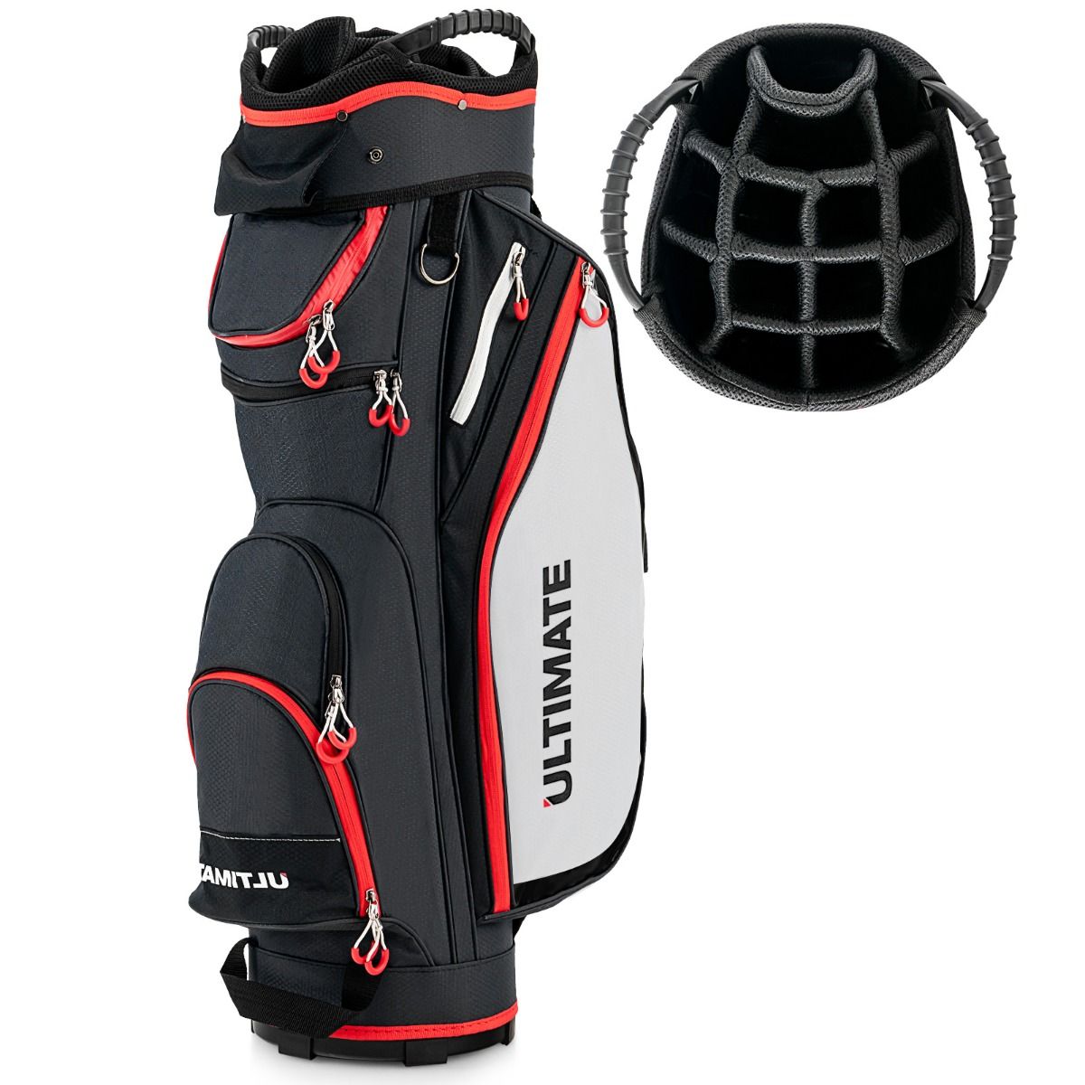 Sac de golf Coast avec housse de pluie - 14 compartiments - léger - rouge et noir