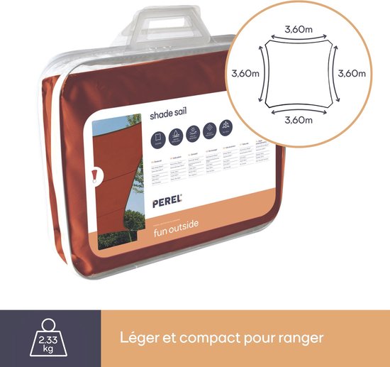Perel Toile d'ombrage, hydrofuge, 3,6 x 3,6 m, 160 g/m², polyester, carré, terracotta