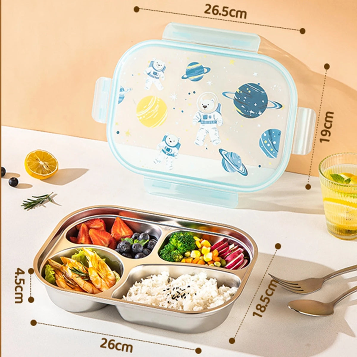 Boîte à repas Maxcook Bento – 4 compartiments – Acier inoxydable 316 – Design inspiré de l'espace – MCWA5499 : boîte à repas avec couvercle orné d'un motif d'astronaute, boîte à repas portable pour le bureau ou un pique-nique MCWA5499