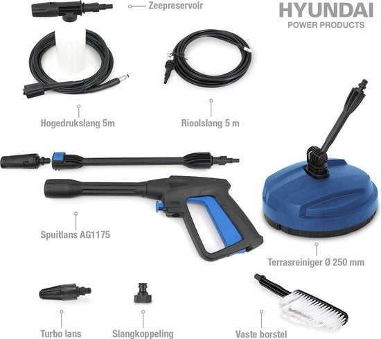 HYUNDAI nettoyeur haute pression 1500W - Ensemble complet de luxe - 360 L/h - Comprend de nombreux accessoires - buses - nettoyeur de terrasse - réservoir de savon
