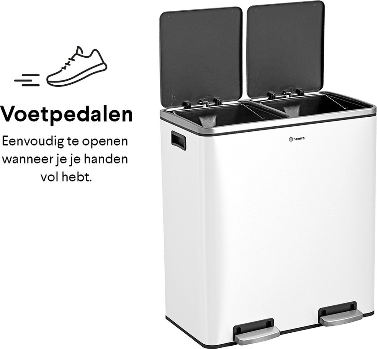 Homra QUICKX Poubelle de tri sélectif 2 compartiments Blanc - 60 L (2x30 L) Poubelle à pédale - Poubelle design Duo en acier inoxydable - Séparation des déchets - Poubelle de recyclage - Pédale hygiénique - Poubelle double - Poubelle de cuisine - Poubelle