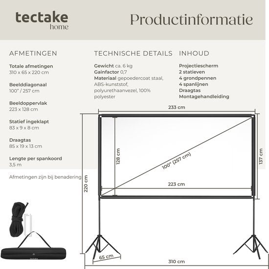 Écran de projection tectake® - 100 pouces (257 cm) - Écran de projection 16:9 avec double trépied - 4K HD - Enroulable - Extensible - Toile de projection - Écran de présentation - Home cinéma - Sac de transport inclus