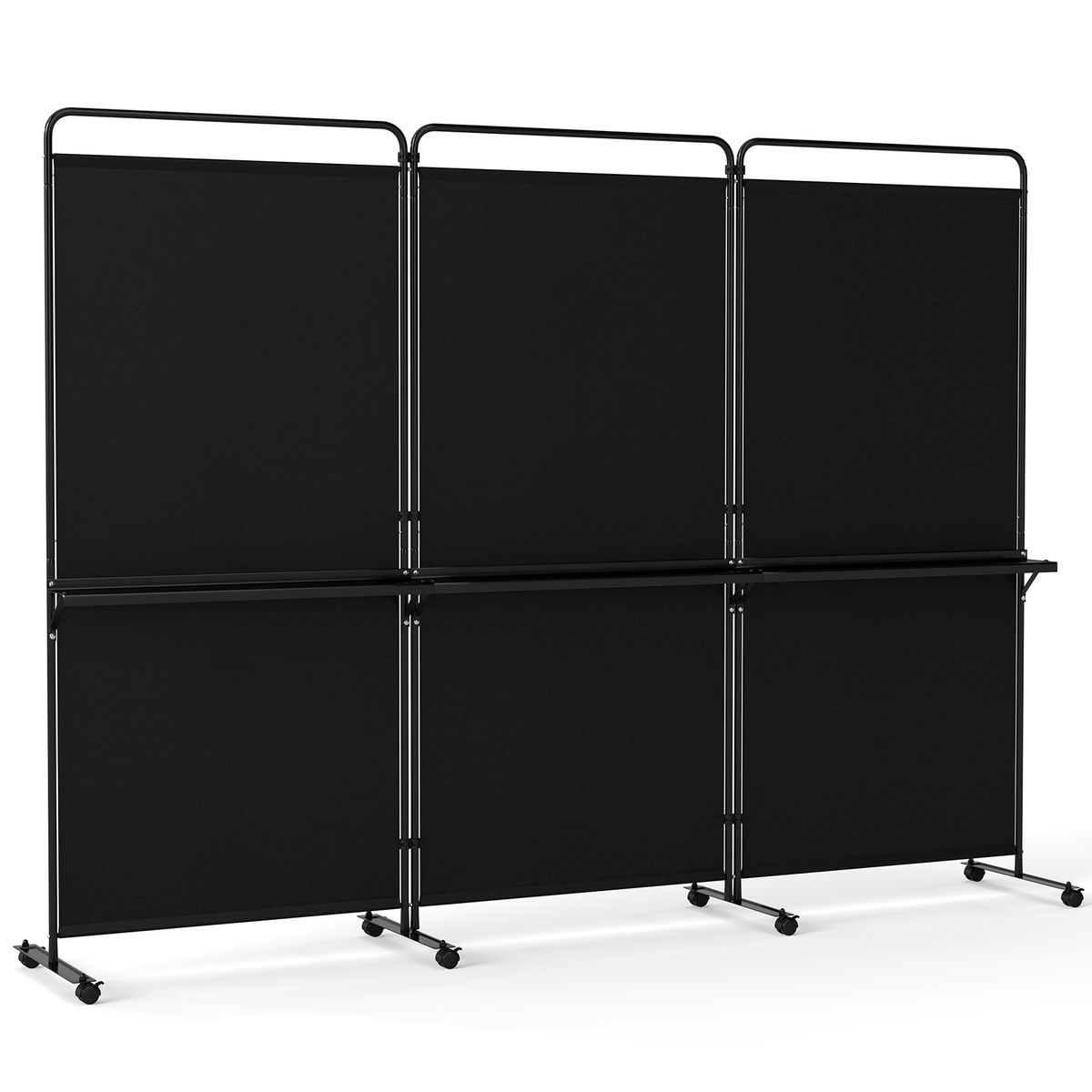 Coast - Séparateur d'espace 3 panneaux sur roulettes - Paravent pliable avec 3 étagères - noir 259 x 44 x 188 cm