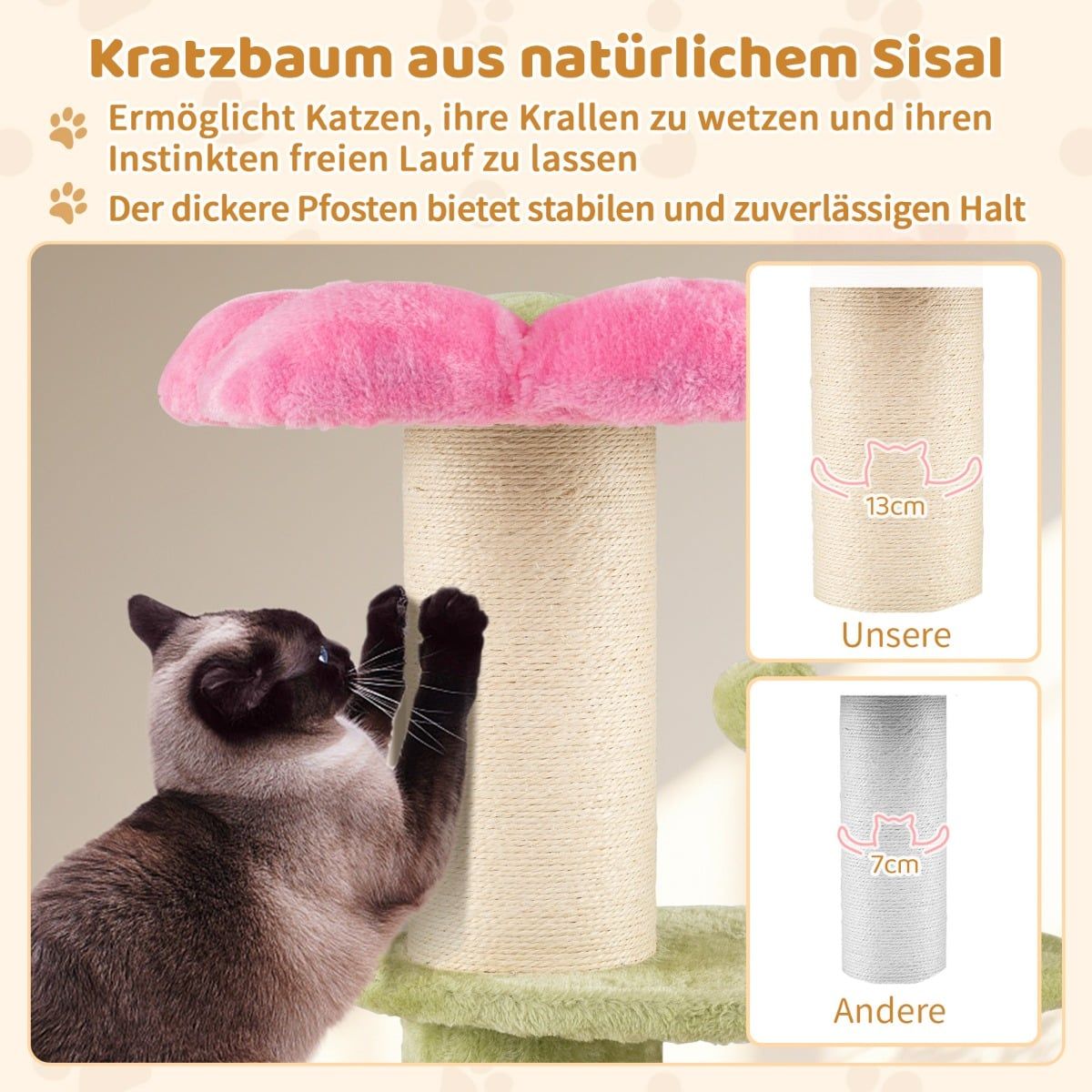 Arbre à chat Coast - 3 étages - avec coin repos en peluche et plateformes fleuries - rose - 69 cm