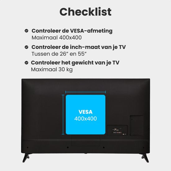 Support TV Auronic - 26 à 55 pouces - Support mural pour TV - Orientable et inclinable - Jusqu'à 40 kg - VESA 400 mm x 400 mm - Pour les modèles 43" et 55", entre autres - Noir
