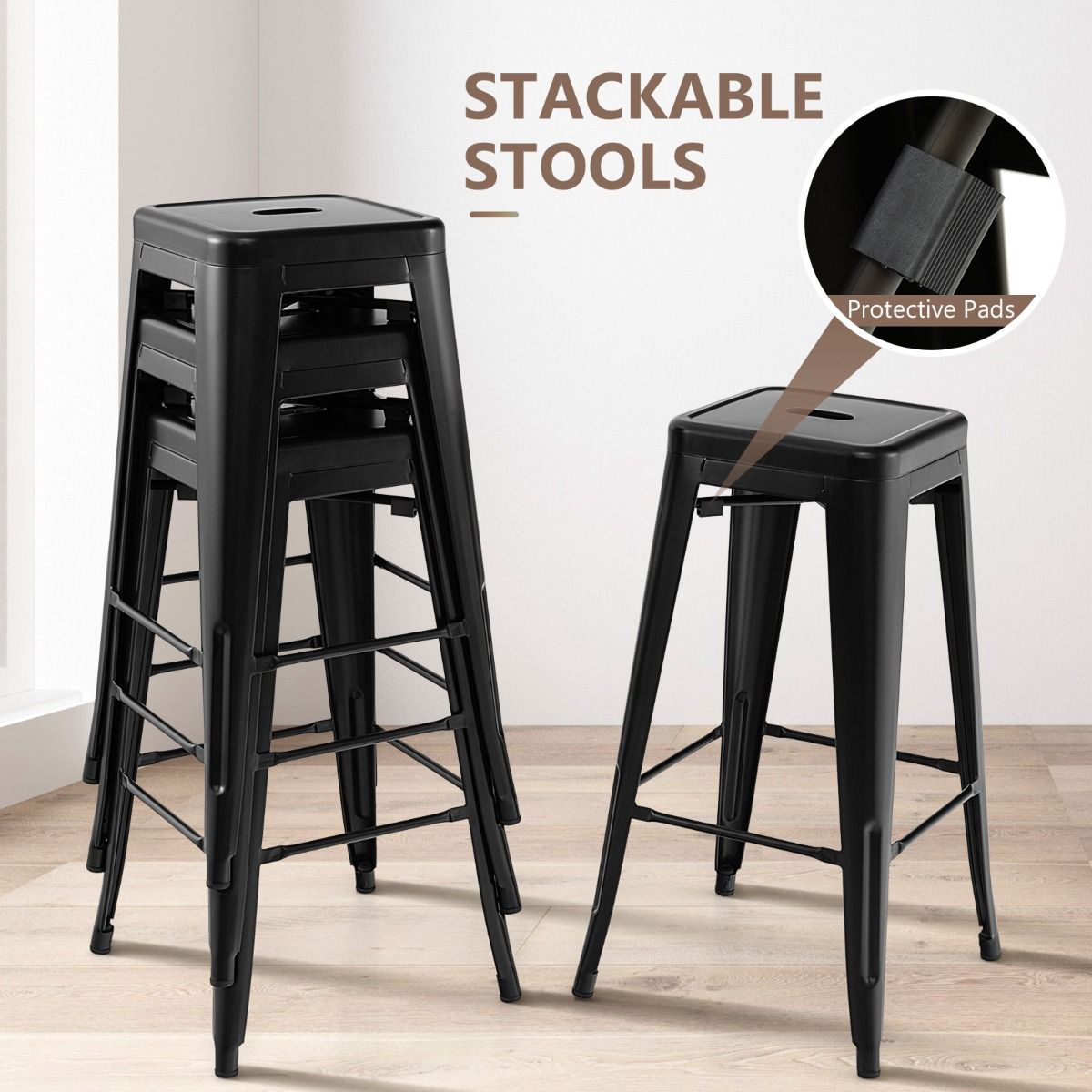 Ensemble de 4 tabourets de bar Coast - empilables - avec repose-pieds - noir - hauteur d'assise 76 cm