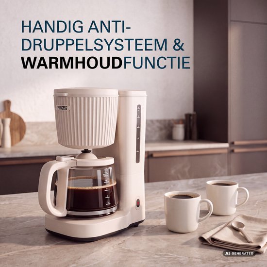 Cafetière Princess Wave – 1 000 W – Carafe en verre de 1,5 L – Fonction de maintien au chaud – Système anti-gouttes – 246048