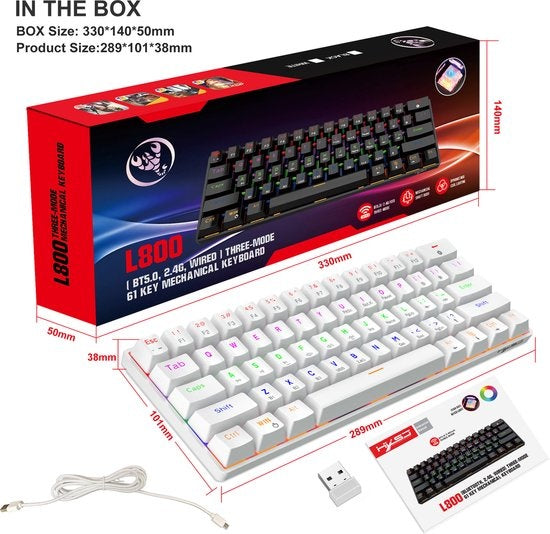 HXSJ L800 Wireless Mechanical TKL Gaming Keyboard - RGB - filaire / 2.4GHz RF / Bluetooth - QWERTY - 61 touches - commutateur bleu - blanc