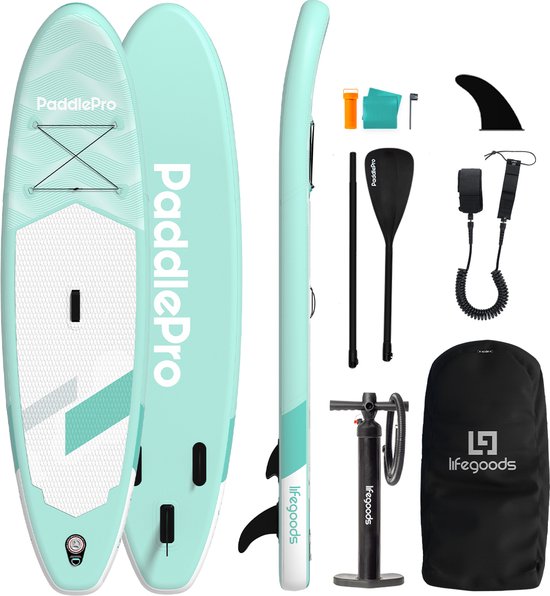 Planche de paddle polyvalente - LifeGoods - Capacité de charge 100 KG - 300 x 76 cm - Gonflable - Pack SUP complet - Vert menthe