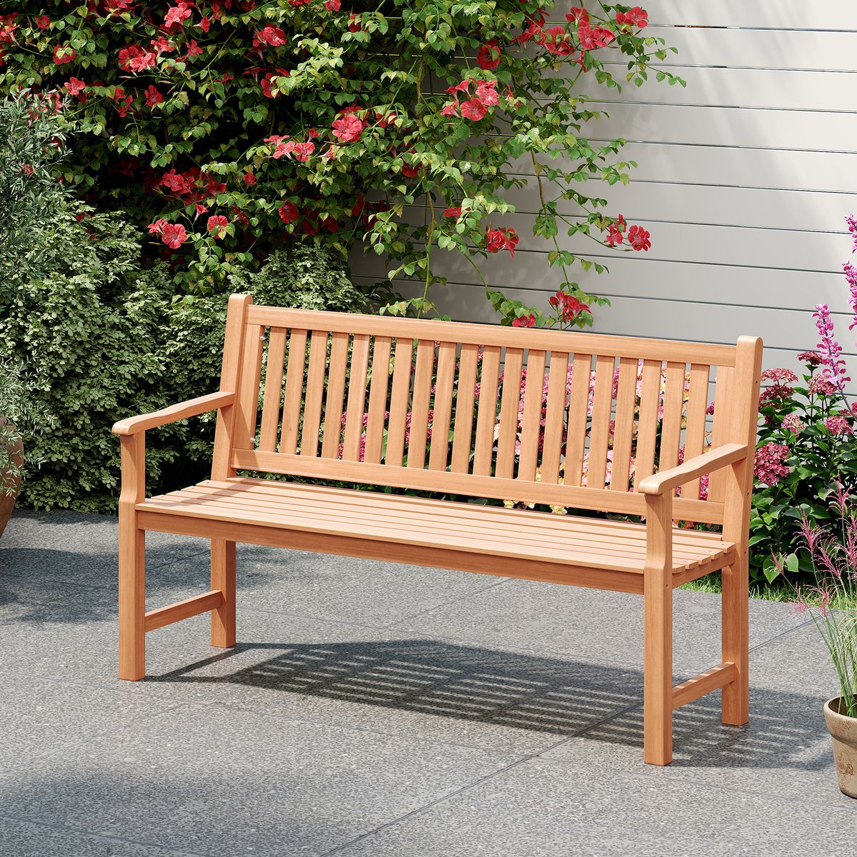 Banc de jardin Coast - banc trois places en bois de pin - dossier et accoudoirs ergonomiques - couleur naturelle - 150 x 53,5 x 89 cm