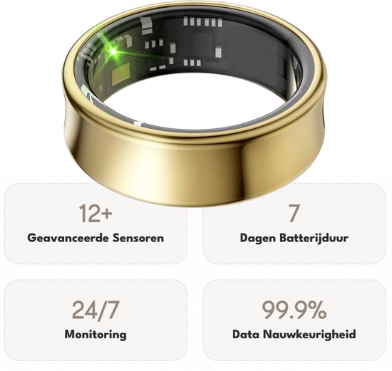 Focus® S2 Smart Ring - Or - Taille 8 - AI Coach - Fréquence cardiaque - Cycle menstruel - Moniteur de sommeil - Score de récupération - Smart Ring - Performance sportive - Podomètre - IP68 Waterproof - Mesure de l'O2 - Femmes - Hommes - Wearables - Etui d