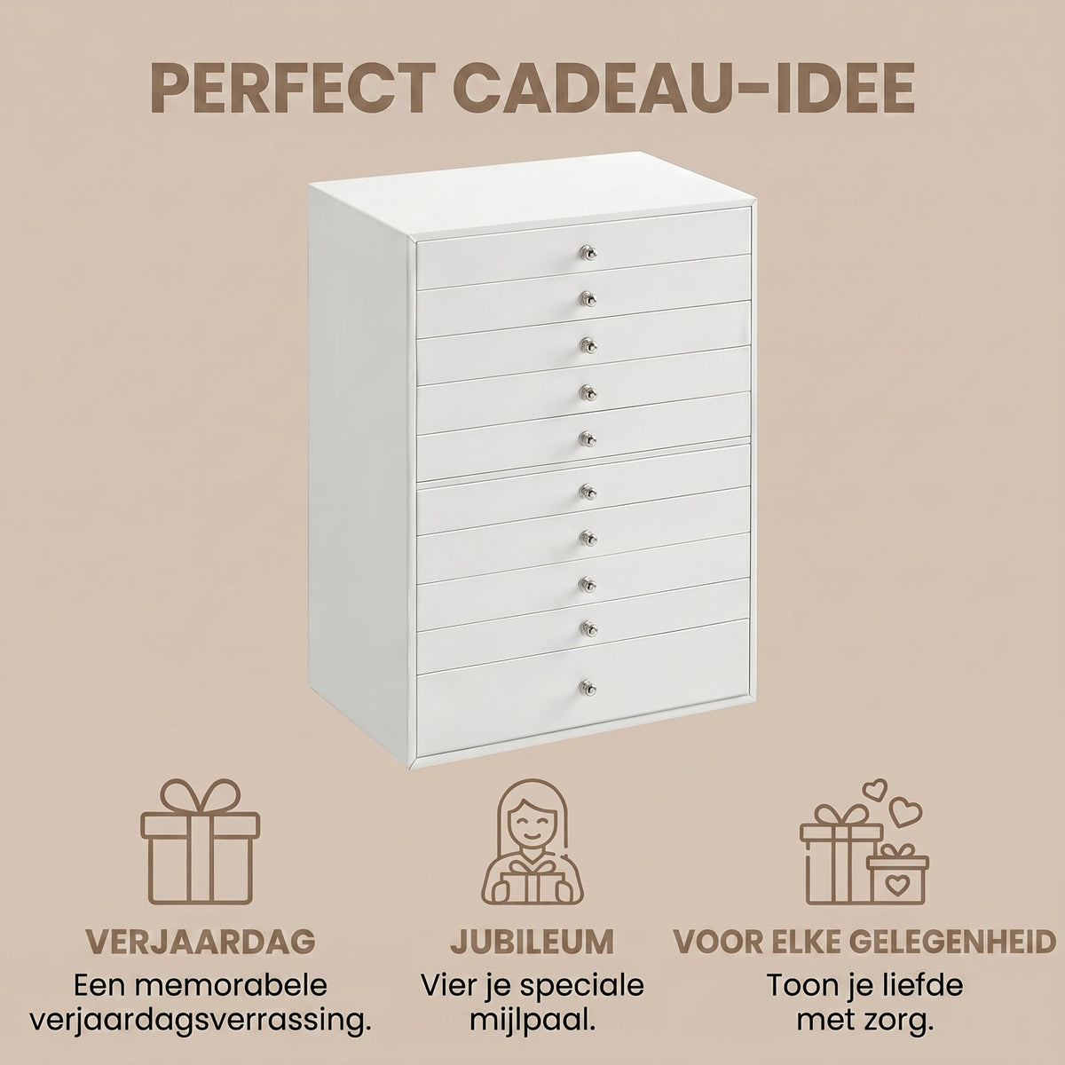JOYFURNOS Organiseur à bijoux avec tiroirs, grande boîte de rangement, idée cadeau moderne pour la chambre à coucher, 10 étages, blanc