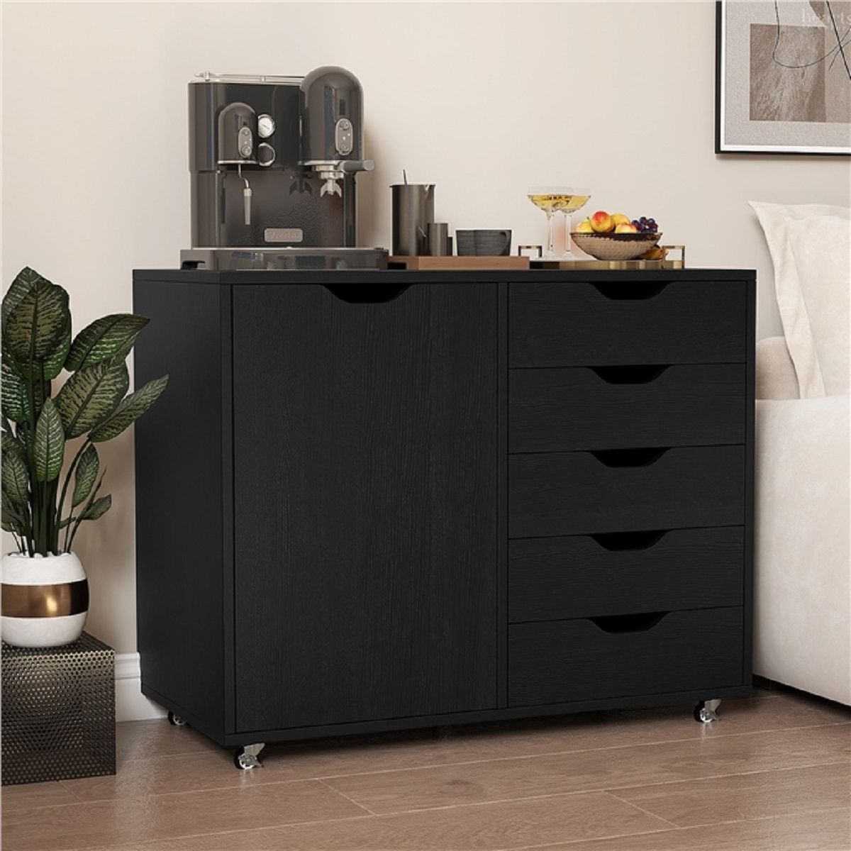Coast : caisson à roulettes à 5 tiroirs - Armoire à porte - Plan de travail - Noir - 79 x 39 x 65 cm