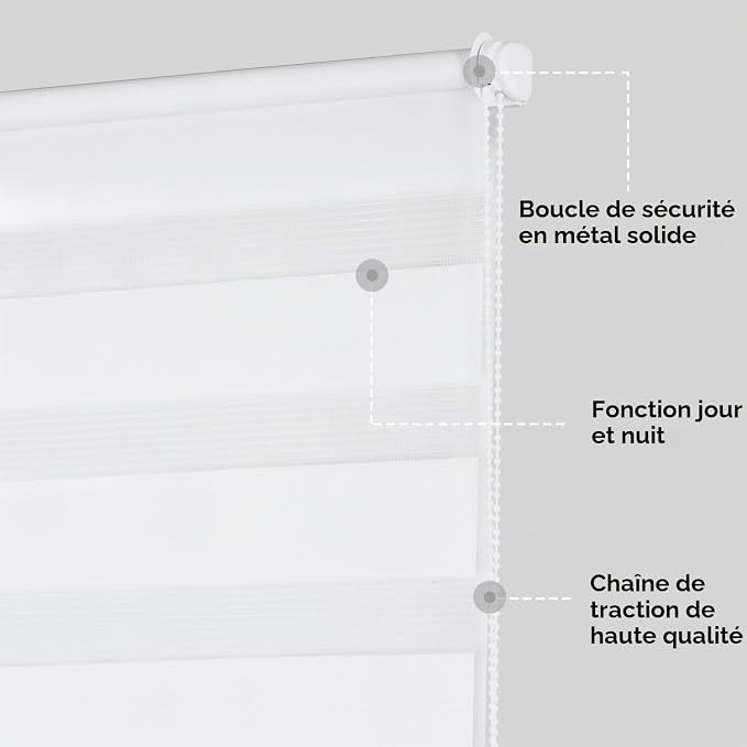 Store enrouleur Sekey Duo - Blanc - 50 x 130 cm - Sans perçage - Réglage de la luminosité - Protection UV - Commande par chaîne