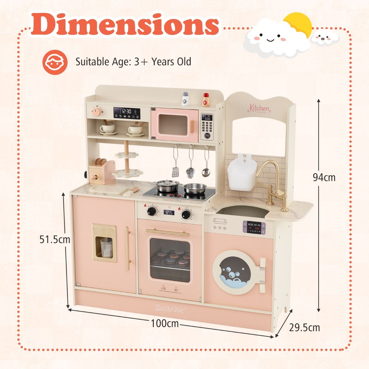 Cuisine jouet en bois Coast pour enfants - avec 25 accessoires - lumières et sons - rose