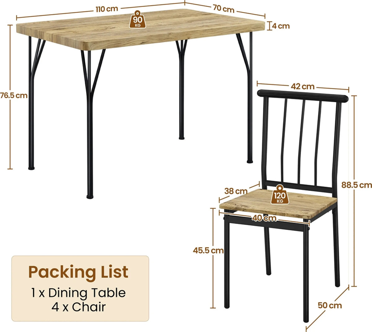 Ensemble de salle à manger Yaheetech 5 pièces pour 4 personnes - Table avec 4 chaises - 110 x 70 x 76,5 cm - Marron
