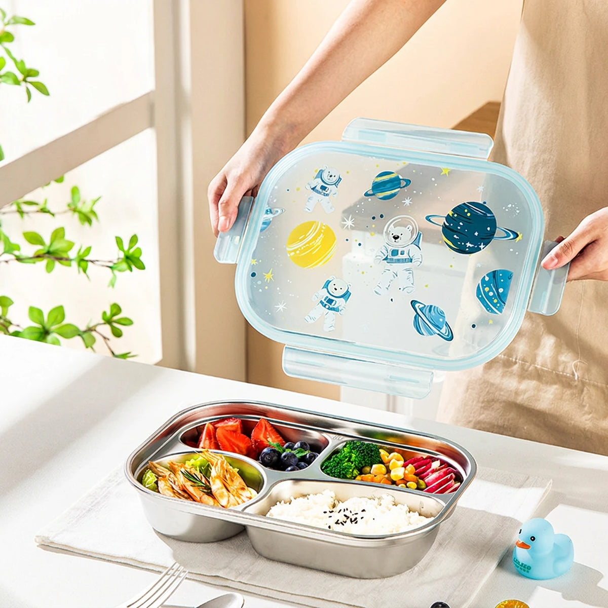 Boîte à repas Maxcook Bento – 4 compartiments – Acier inoxydable 316 – Design inspiré de l'espace – MCWA5499 : boîte à repas avec couvercle orné d'un motif d'astronaute, boîte à repas portable pour le bureau ou un pique-nique MCWA5499