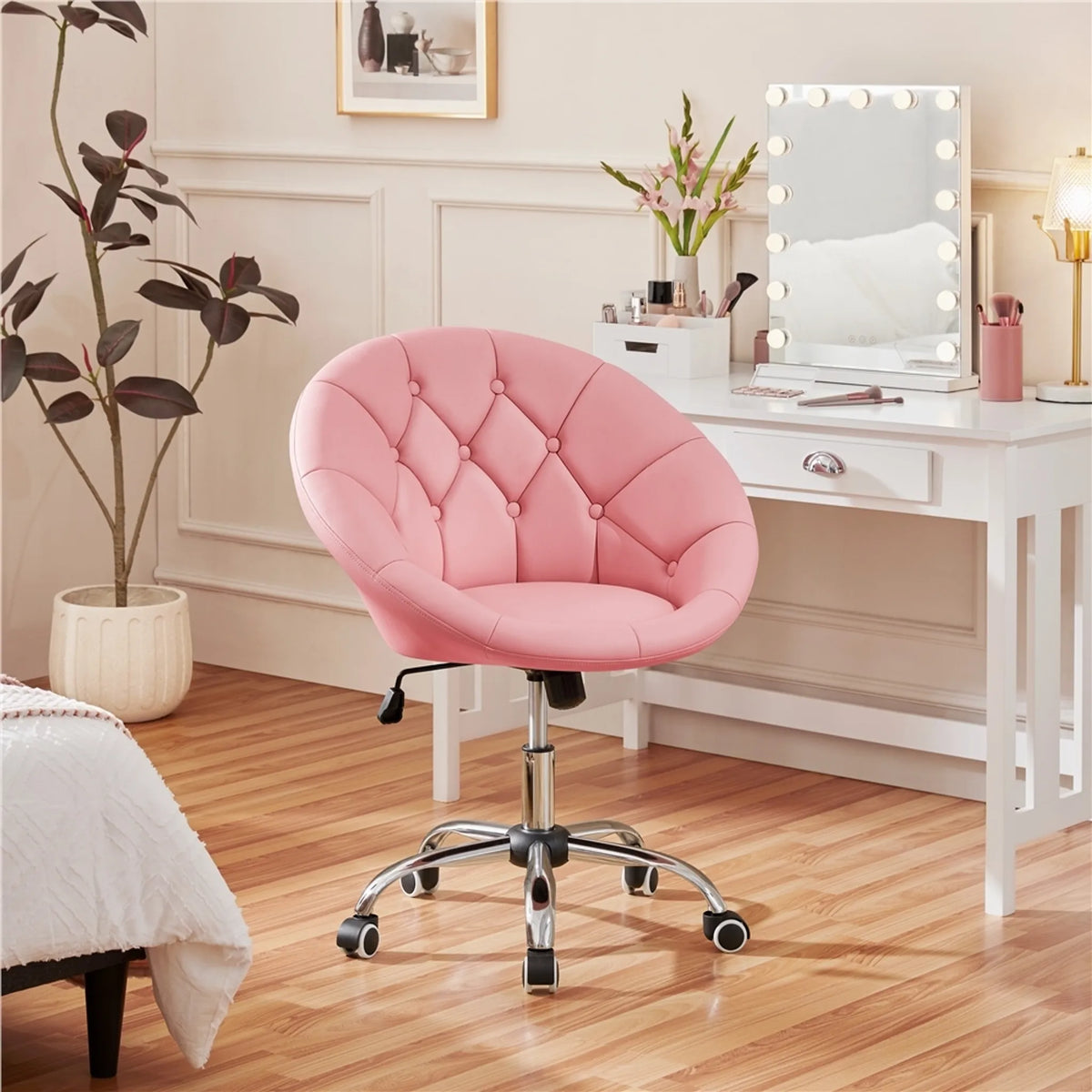 Yaheetech : fauteuil pivotant confortable de forme tonneau, 78-88 cm – rose élégant – similicuir et métal