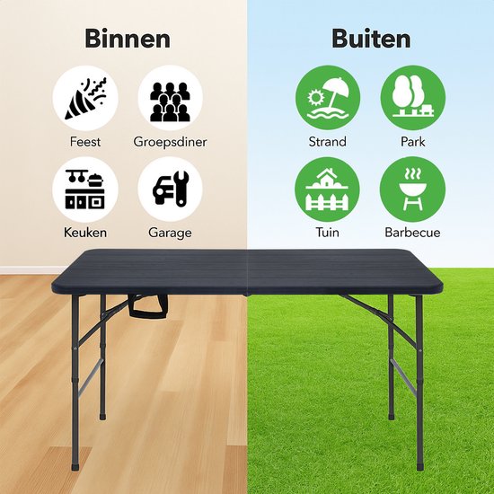 LifeGoods Table pliante - 180x74 cm - Table pliante robuste - Résiste aux intempéries - Table de salle à manger pliante - Table de camping - Table pliante pour l'intérieur et l'extérieur - Aspect grain de bois noir