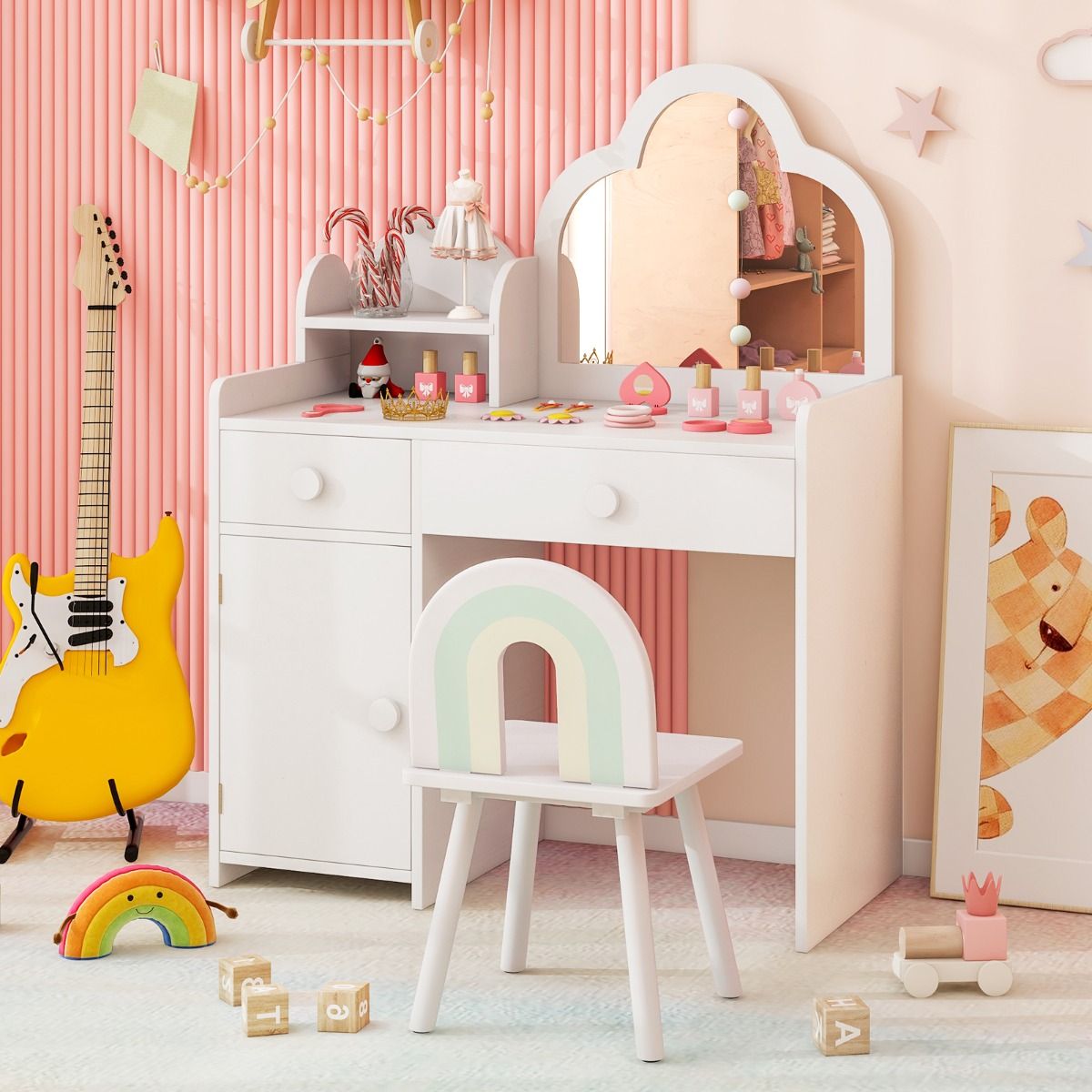 Ensemble de coiffeuse pour enfants Coast - miroir en forme de nuage - coiffeuse 2-en-1 avec tabouret - blanc