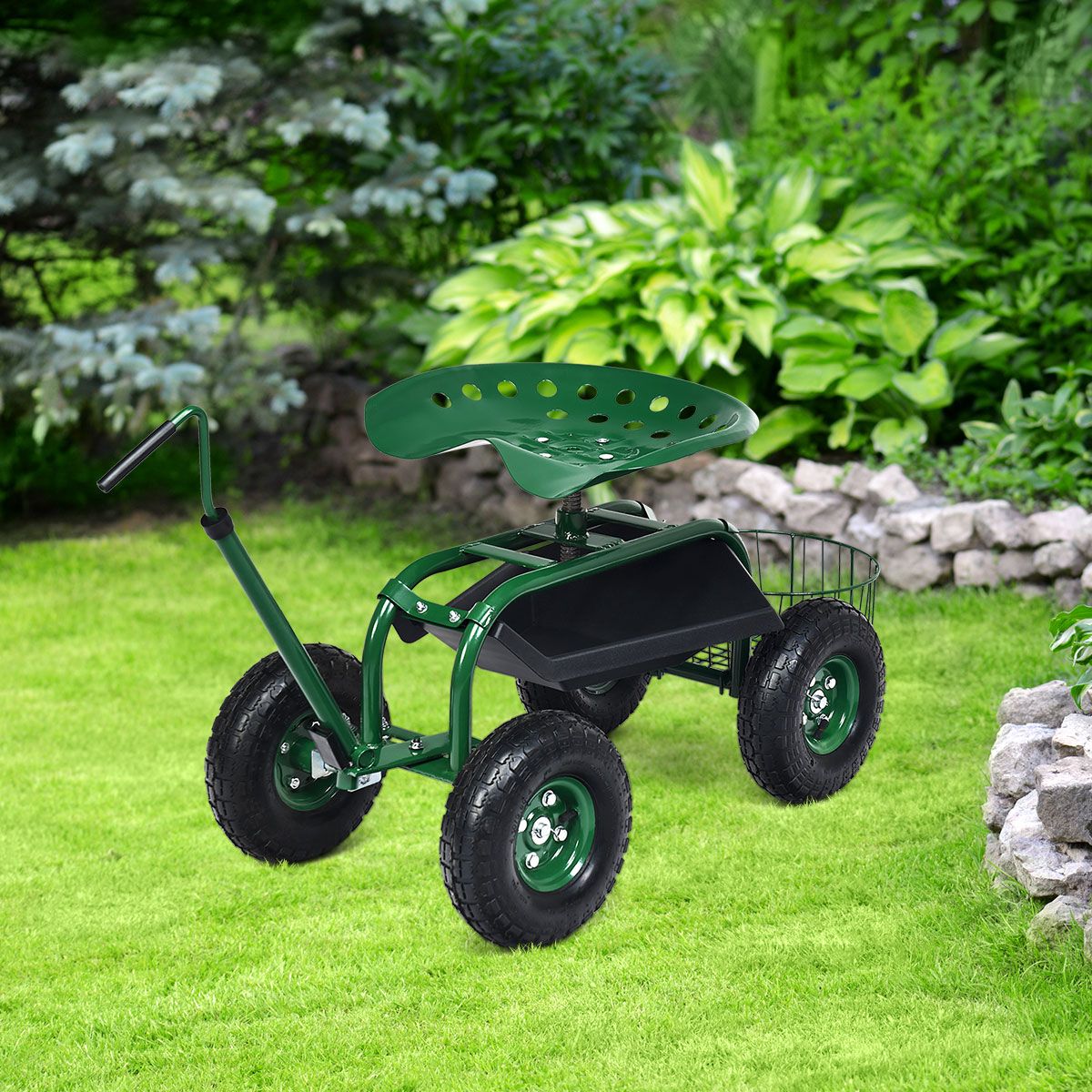 Chariot de jardin Coast avec panier de rangement - poignée réglable en hauteur - assise ergonomique - vert