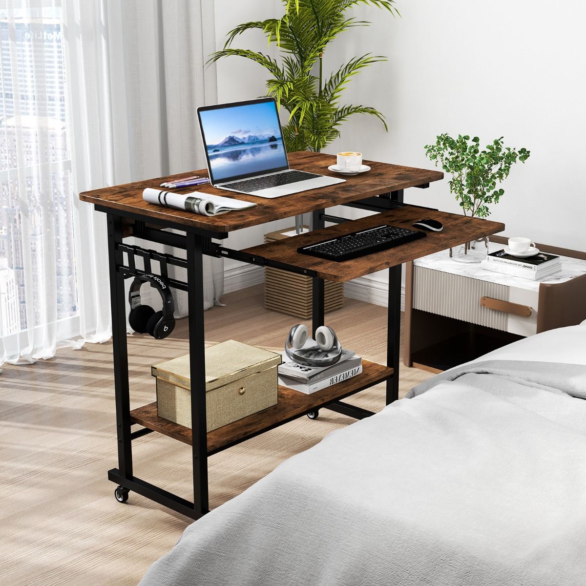Table d'ordinateur Coast sur roulettes - avec tablette pour clavier et étagère de rangement - marron vintage - 80 x 50 x 78 cm