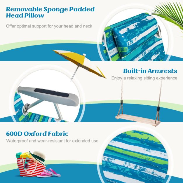Chaise de plage confortable Coast avec dossier réglable en 5 positions, pliable, structure légère en aluminium, porte-gobelet et compartiments de rangement - Bleu/Vert, 66x65x78 cm