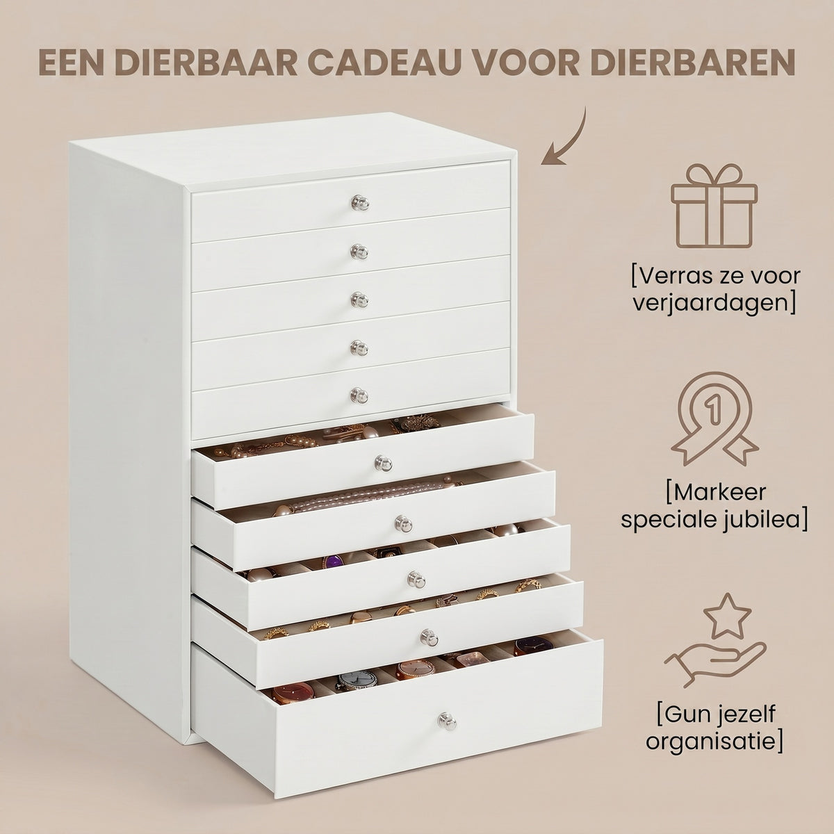 JOYFURNOS Organiseur à bijoux avec tiroirs, grande boîte de rangement, idée cadeau moderne pour la chambre à coucher, 10 étages, blanc