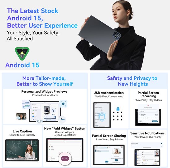 Tablette BESTTAB W90 - Tablette 11 pouces - 24 Go de RAM - 256 Go de ROM - 8 000 mAh - Android 15 - Wi-Fi 6 - Tablette à écran tactile - Double carte SIM - Gris