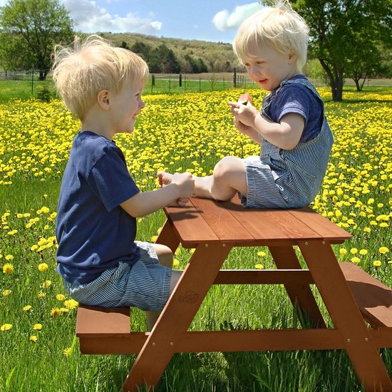 Table de pique-nique Sunny Dave, couleur marron - Table de pique-nique multifonctionnelle pour enfants - Bois certifié FSC - 89 x 89 x 50 cm