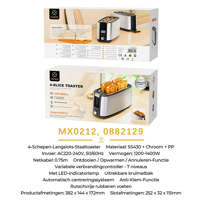 Grille-pain WOOX MX0212 - 4 tranches - acier inoxydable