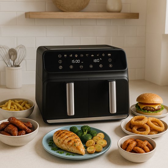 Alpina Double Airfryer XXL - Friteuse à air chaud 2x4 L - Air Fryer avec écran tactile numérique - Four à air chaud pour 6 personnes et plus - 8 programmes de cuisson - Mode Sync - Fonction minuterie