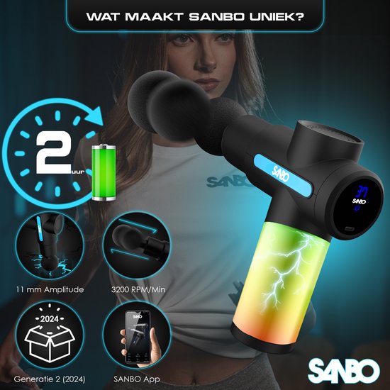 Sanbo Massage Gun Mini Gen 2 - Avec 5 accessoires et 6 étapes - Appareil de massage sportif et relaxant - Pistolet de massage - Professionnel - Noir