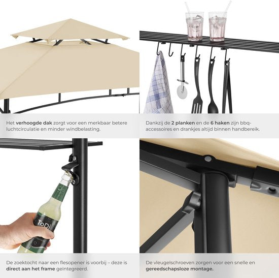 Pavillon barbecue tectake® - Abri pour barbecue - 240 x 150 x 250 cm - Pavillon de jardin - Résistant aux intempéries - Protection UV - Système à double toit - Gazebo avec crochets de suspension, grilles et décapsuleur - Pavillon de barbecue - Couleur sab