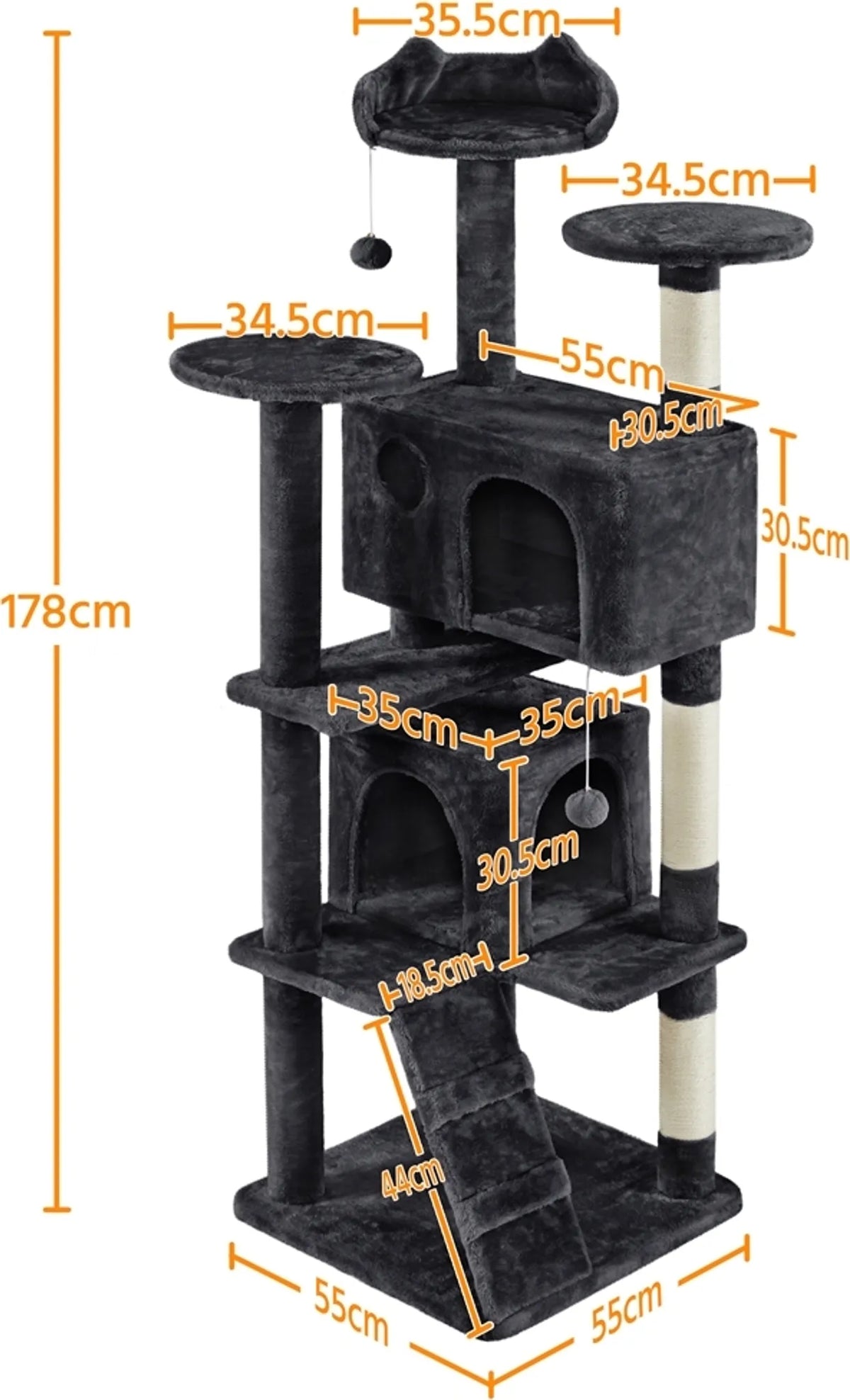 Arbre à chat Yaheetech avec 2 grottes - 178 cm de haut - 54 x 54 cm - Noir
