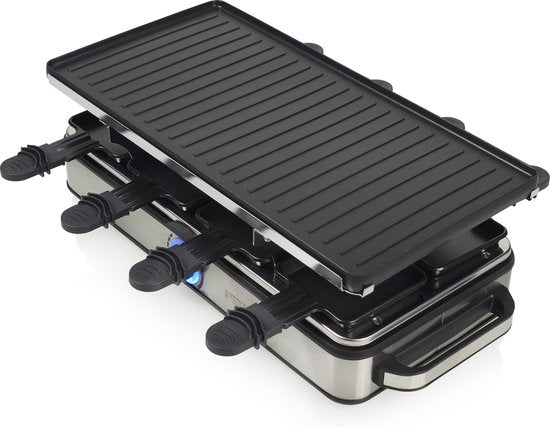 Ensemble Princess Gourmet 162645 - Raclette pour 8 personnes - Thermostat réglable - 1 400 W - Cordon d'alimentation de 2 mètres - Plaque de cuisson réversible - 8 poêlons - Acier inoxydable